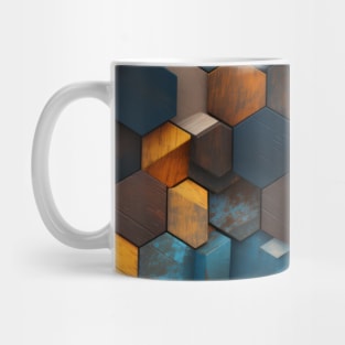 Geometric Timber: Crystalline Hexagons in Amber and Blue Mug